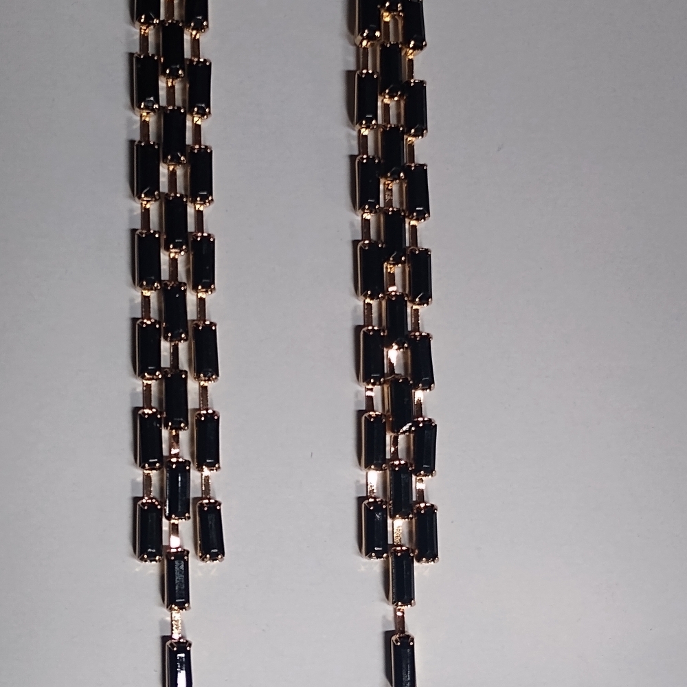 BLack baguette dangle post back earrings 4" long 3 strands gold plated E… - Picture 2 of 6
